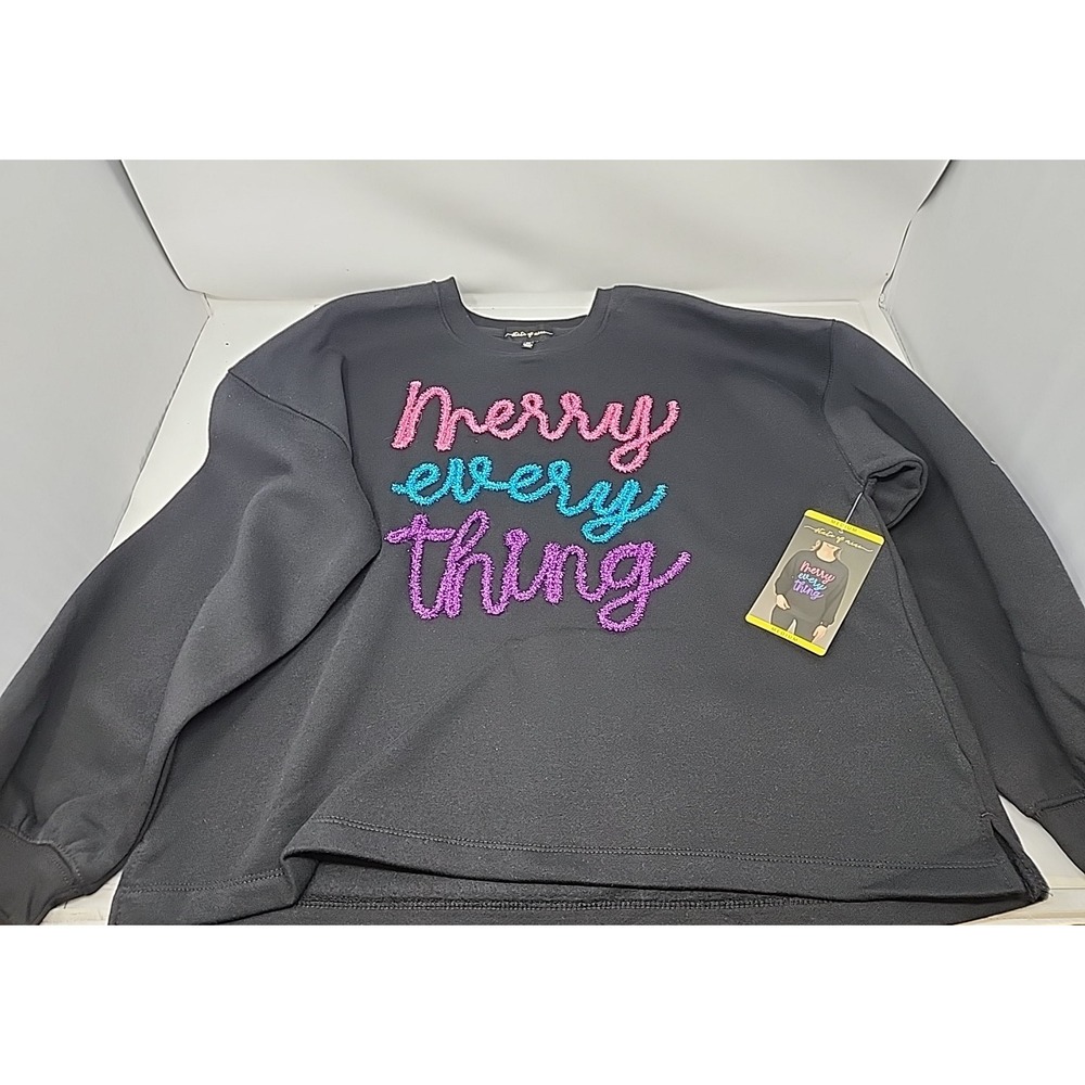 State Of Mine Women's Sequin Graphic‎ Sparkle Sweatshirt Merry Everything Medium